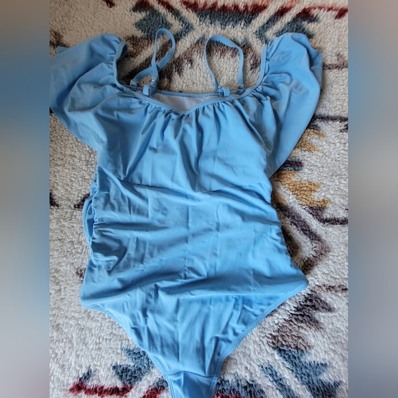 Pinkblush ruffle trim, ruched, one-piece maternity swimsuit, XL. Light blue. - Picture 4 of 7